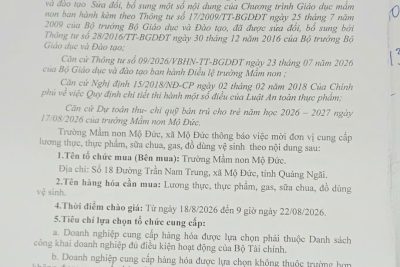 Thông báo mời các đơn vị cung cấp lương thực, thực phẩm, sữa chưa, gas, đồ dùng vệ sinh cho trường Mầm non Mộ Đức phục vụ công tác bán trú năm học 2026-2027