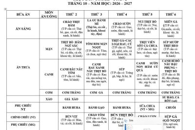 Trường Mầm non Mộ Đức công khai thực đơn của Bé – Tuần 2  tháng 10 – Năm học: 2026 – 2027